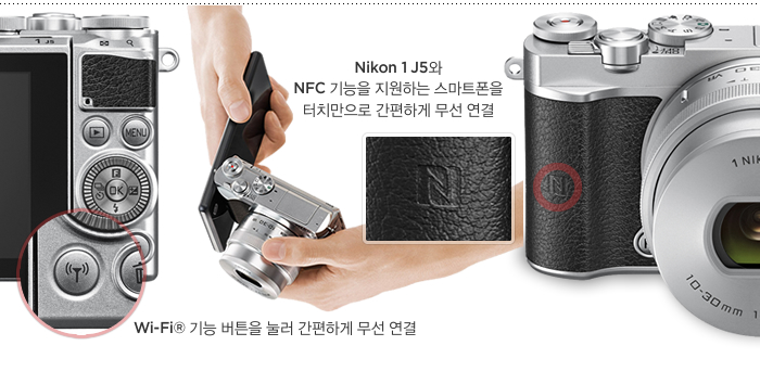 Nikon 1 J5와 NFC 기능을 지원하는 스마트폰을 터치만으로 간편하게 무선 연결, Wi-Fi® 기능 버튼을 눌러 간편하게 무선 연결