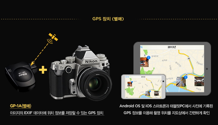 GP-1A(별매) : 이미지의 EXIF 데이터에 위치 정보를 저장할 수 있는 GPS 장치 / Android OS 및 iOS 스마트폰과 태블릿PC에서 사진에 기록된 GPS 정보를 이용해 촬영 위치를 지도상에서 간편하게 확인