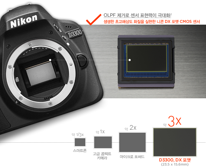 OLPF 제거로 센서 표현력이 극대화! 생생한 초고해상도 화질을 실현한 니콘 DX 포맷 CMOS 센서, 고급 콤팩트 카메라보다 약 6배 더 큰 DX 포맷 센서를 탑재