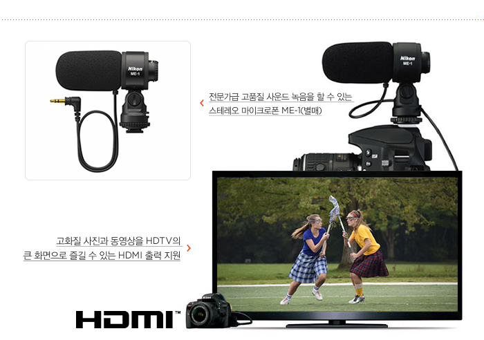 전문가급 고품질 사운드 녹음을 할 수 있는 스테레오 마이크로폰 ME-1(별매), 고화질 사진과 동영상을 HDTV의 큰 화면으로 즐길 수 있는 HDMI 출력 지원
