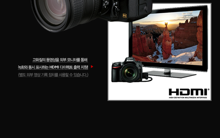 고화질의 동영상을 외부 모니터를 통해 녹화와 동시 표시하는 HDMI 다이렉트 출력 지원!(별도 외부 영상 기록 장치를 사용할 수 있습니다.) 
